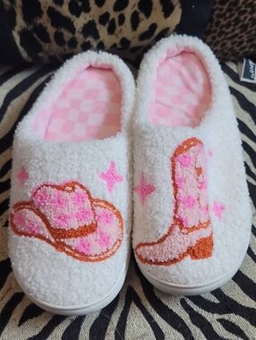 White & Pink Cozy Cowboy Slippers for Women